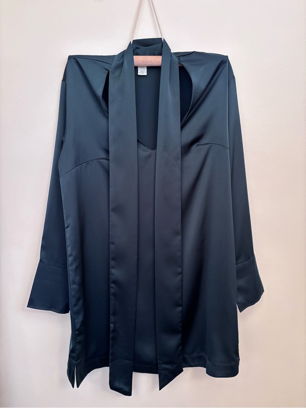 H&M Satin-Look Dark Green Long-Sleeve Shirt Dress with Front Scarf Detail